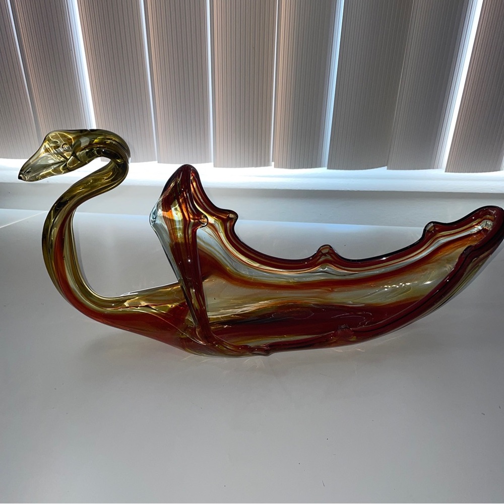 Vintage Hand Blown Sooner Swan Glass Bowl Decorative At piece Brown Swirl Glass